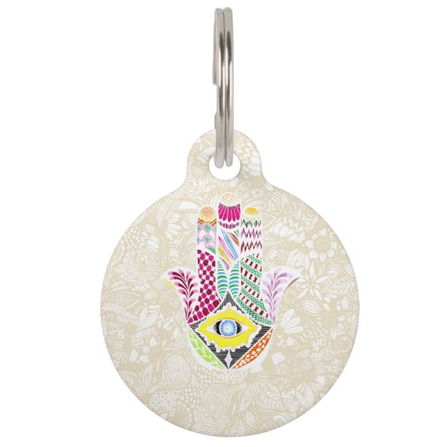Künstlerische Hand gezeichnete Hamsa Hand Haustiermarke (Rückseite)