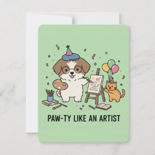 Künstlerische Hund Katze Festliche Feier Grün Einl Einladung