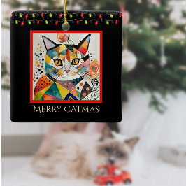Künstlerische Katze mit Weihnachtsbeleuchtung froh Keramikornament