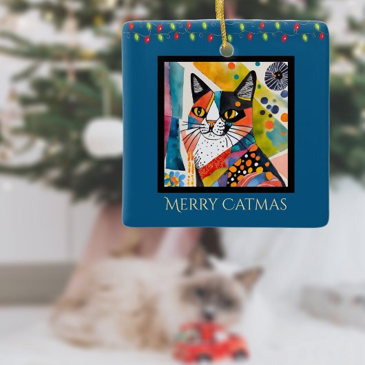 Künstlerische Katze mit Weihnachtsbeleuchtung Merr Keramikornament