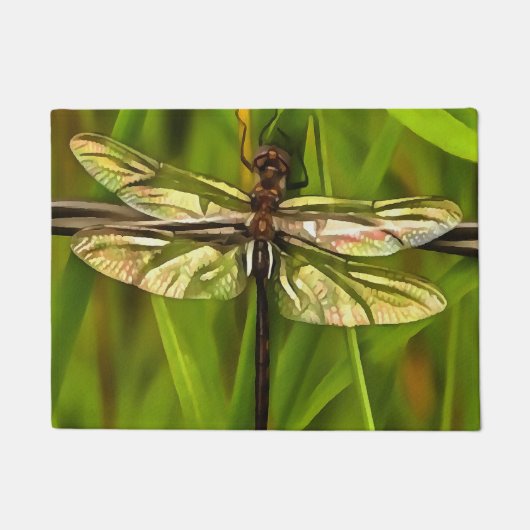 Künstlerische Libelle in Braun und Gelb auf Grün Fußmatte (Vorderseite)