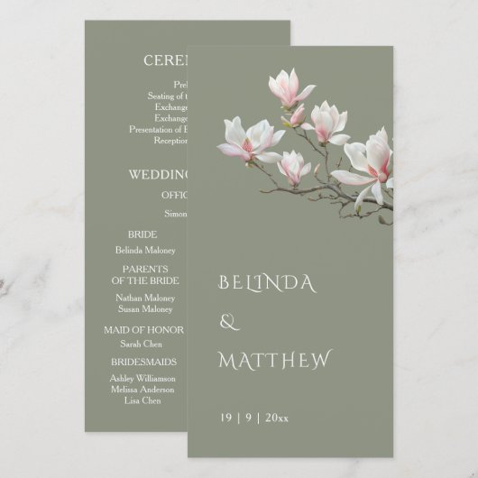 Künstlerische Magnolie Sagegrün | Hochzeitsprogram (Vorne/Hinten)