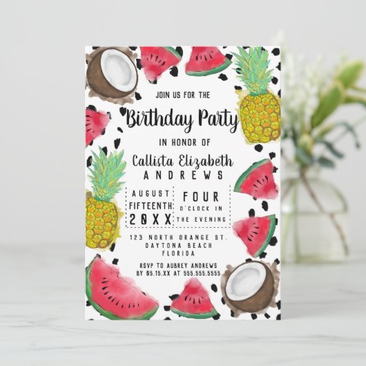 Künstlerische moderne Frucht Polka Dots Wasserfarb Einladung (Stehend Vorderseite)