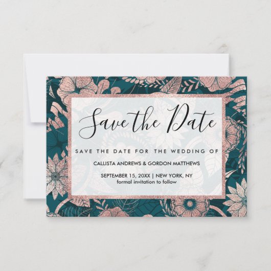 Künstlerische moderne Rose Gold Smaragdgrüne Blume Save The Date (Vorderseite)