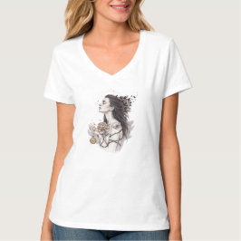 Künstlerische Mystische Frauen-Skizze Tattoo Flora T-Shirt