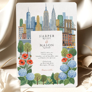 Künstlerische NYC-Skyline Blaue Hortensie Rote Moh Einladung