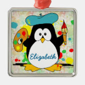 Künstlerische Pinguin Painter Personalize Silbernes Ornament (Vorne)