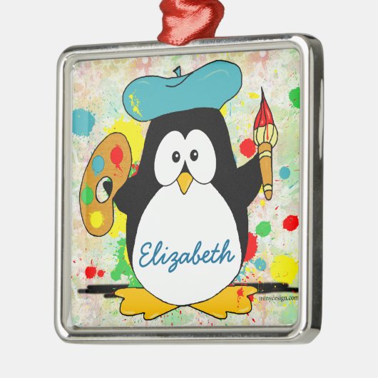Künstlerische Pinguin Painter Personalize Silbernes Ornament (Links)
