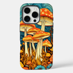 Künstlerische Retro-Pilzwald-Illustration iPhone 16 Pro Hülle