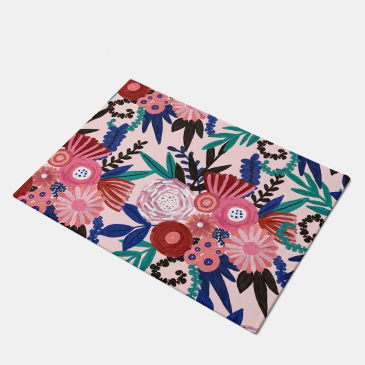 Künstlerische rosa blaue Acrylfarben Blume Blätter Fußmatte (Schrägansicht)