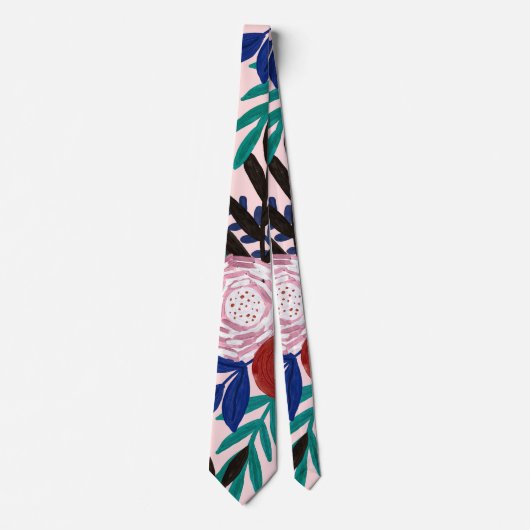 Künstlerische rosa blaue Acrylfarben Blume Blätter Krawatte (Vorderseite)