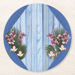 Künstlerische, rosa Blume auf blauem Holzstoff-Tex Runder Pappuntersetzer