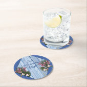 Künstlerische, rosa Blume auf blauem Holzstoff-Tex Runder Pappuntersetzer (Vor Ort)