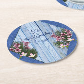 Künstlerische, rosa Blume auf blauem Holzstoff-Tex Runder Pappuntersetzer (Angewinkelt)