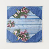 Künstlerische, rosa Blume auf blauem Holzstoff-Tex Wandteppich (Vorderseite (Horizontal))