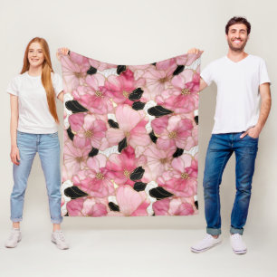 Künstlerische rosa Blüten schwarze Tinte Abstract Fleecedecke
