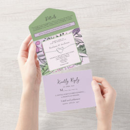 Künstlerische Sage Green Lila Wedding All In One Einladung