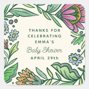 Künstlerische skandinavische Volksblumen-Baby-Part Quadratischer Aufkleber