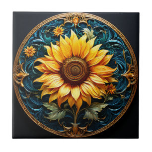 Künstlerische Sonnenblume auf schwarz Fliese
