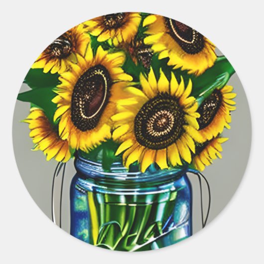 Künstlerische Sonnenblumen im Glas Jar Art Runder Aufkleber (Vorderseite)