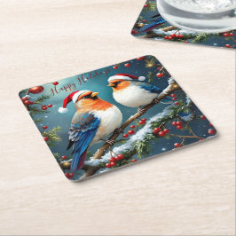 Künstlerische Weihnachtsvögel mit Weihnachtsmannmü Rechteckiger Pappuntersetzer