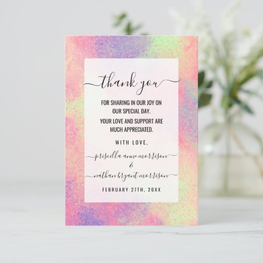 Künstlerischer Abstrakt rosa Lila Neonfarben-Sprit Dankeskarte (Stehend Vorderseite)