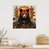 Künstlerischer Bär unter lebendigen botanischen Bl Poster (Küche)