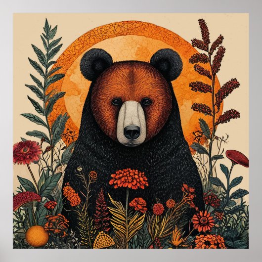 Künstlerischer Bär unter lebendigen botanischen Bl Poster (Vorne)