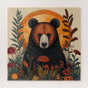Künstlerischer Bär unter lebendigen botanischen Bl Puzzle