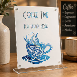 Künstlerischer Blue Coffee Cup mit wirbelnden Must Sockelschild