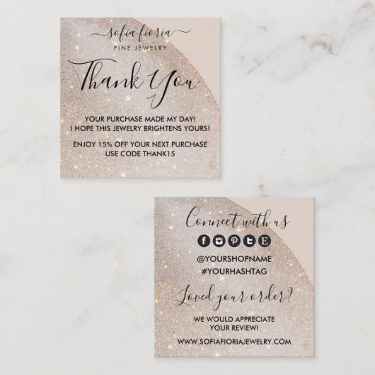 Künstlerischer Glitzer Schmuck Vielen Dank für Ihr Quadratische Visitenkarte (Vorne/Hinten)