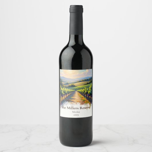 Künstlerischer impressionistischer Weinberg-Sonnen Weinetikett (Vorderseite)
