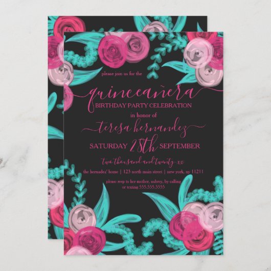 Künstlerischer Neon Rosa Aquamarine Blume Quinceañ Einladung (Vorne/Hinten)