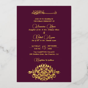 Künstlerischer Pflaumen-Gold-Blumen-Paisley-Muslim Folieneinladung