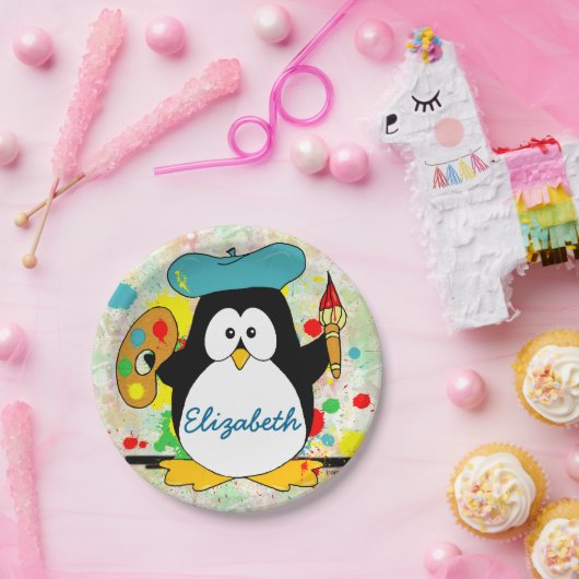 Künstlerischer Pinguin-Maler personifizieren Pappteller (Party)