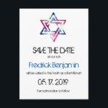 Künstlerischer Star von David Bar Bat Mitzvah Save Ankündigungspostkarte<br><div class="desc">Der Stern von David in Rosa- und Blautönen in einer kunstvollen Grautextur ist auf Bar & Bat Mitzvah Save the Date Postkarten gedruckt. Für Ihren Sohn oder Ihre Tochter. Alle Standardtexte (Beispiel-Infos) können vollständig mit Ihren eigenen Worten angepasst werden und Sie können auch die Schriftart, Größen und Farben des Textes...</div>