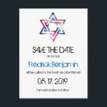 Künstlerischer Star von David Bar Bat Mitzvah Save Ankündigungspostkarte<br><div class="desc">Der Stern von David in Rosa- und Blautönen in einer kunstvollen Grautextur ist auf Bar & Bat Mitzvah Save the Date Postkarten gedruckt. Für Ihren Sohn oder Ihre Tochter. Alle Standardtexte (Beispiel-Infos) können vollständig mit Ihren eigenen Worten angepasst werden und Sie können auch die Schriftart, Größen und Farben des Textes...</div>