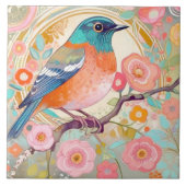 Künstlerischer Vogel, Rosa Frühling Blume Fliese (Vorderseite)