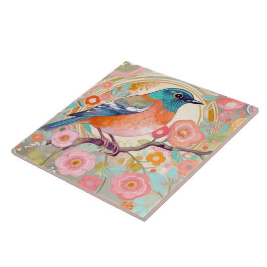 Künstlerischer Vogel, Rosa Frühling Blume Fliese (Seite)