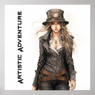 Künstlerisches Abenteuer Steampunk Junge Frau Vint Poster