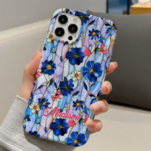 Künstlerisches blaues Bleiglas-Blumen-Botanik iPhone 16 Hülle
