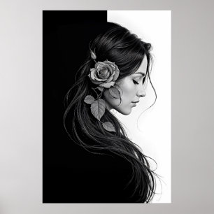 Künstlerisches Frauenprofil mit Rose in Monochrome Poster