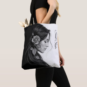 Künstlerisches Frauenprofil mit Rose in Monochrome Tasche