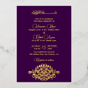 Künstlerisches Lila-Gold-Blumen-Paisley-Muslim-Hoc Folieneinladung