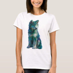 Künstlerisches Teal-Husky-Wolf-Welpen-Porträt Frau T-Shirt