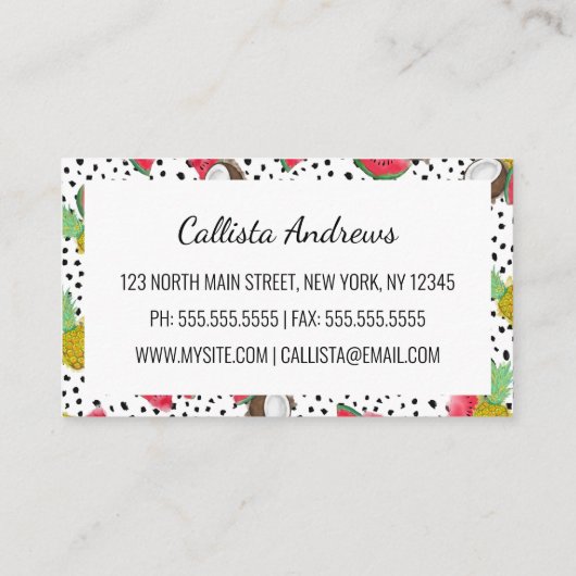 Künstlerisches tropisches Fruchtpolka Dots Wasserf Visitenkarte (Rückseite)