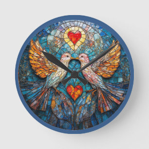 Künstlerisches Vogelmosaik und Herzen, die Liebe z Runde Wanduhr