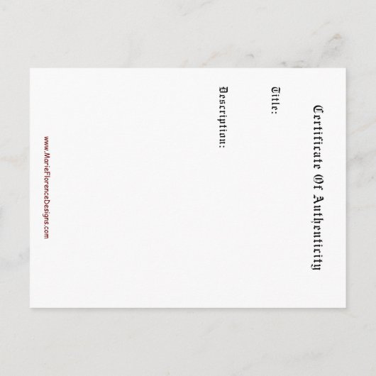 Künstlerzertifikat Postkarte (Rückseite)