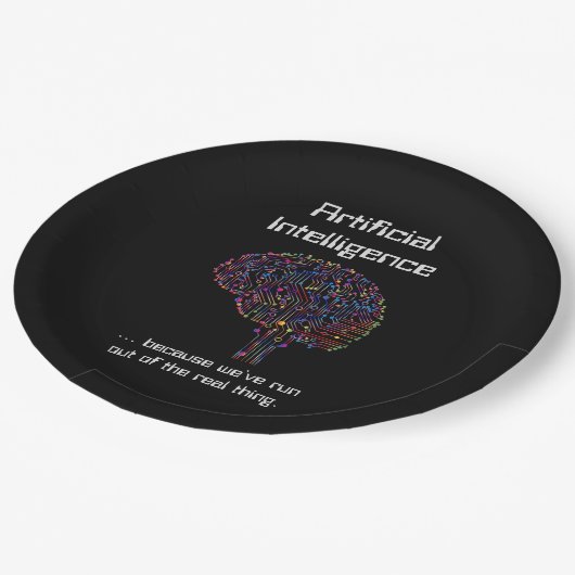 Künstliche Intelligenz gegen wirkliche Dinge Pappteller (Schrägansicht)