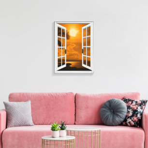 Künstlicher Fensterblick Tropischer Sonnenuntergan Leinwanddruck